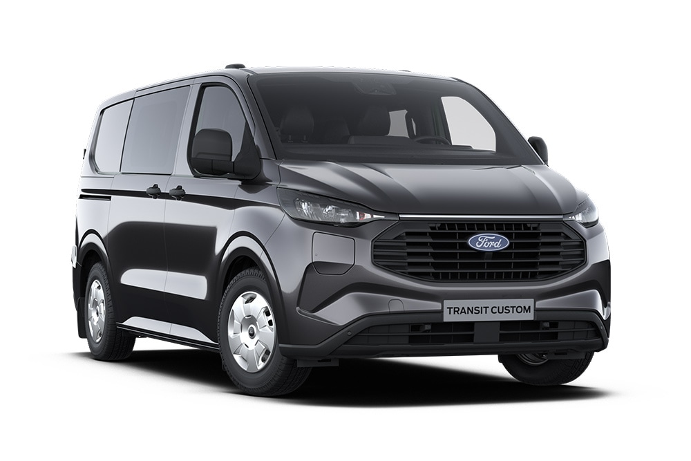 Donkergrijze Trend Ford Transit Custom bestelwagen, vooraanzicht.