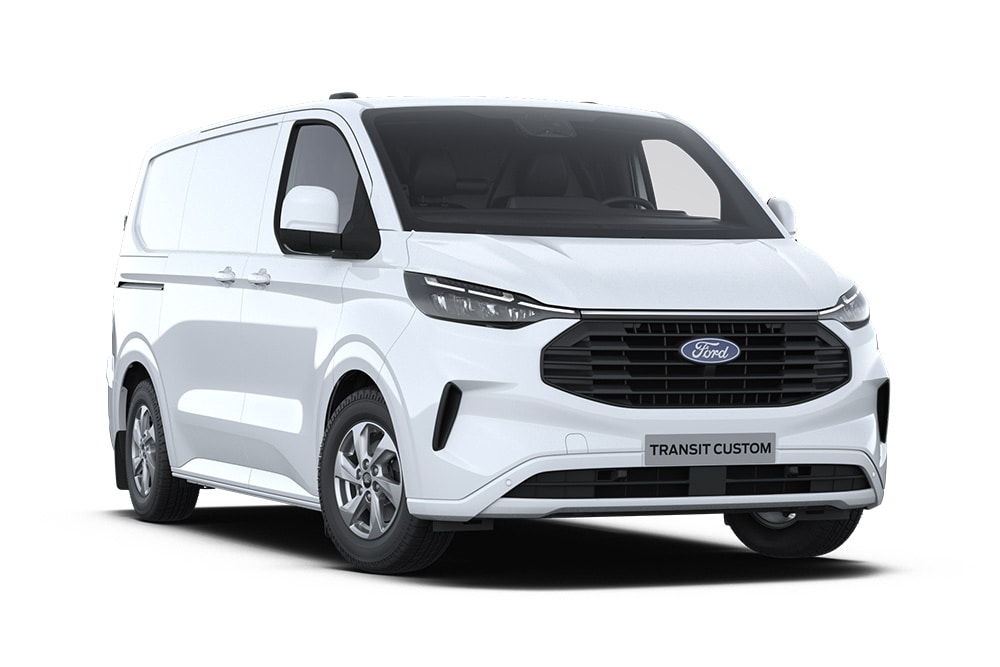 Een witte Ford Transit Custom bestelwagen.