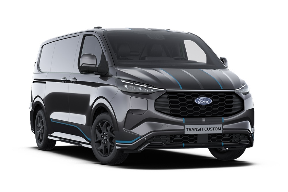 Donkergrijze Ford Transit Custom PHEV Sport.