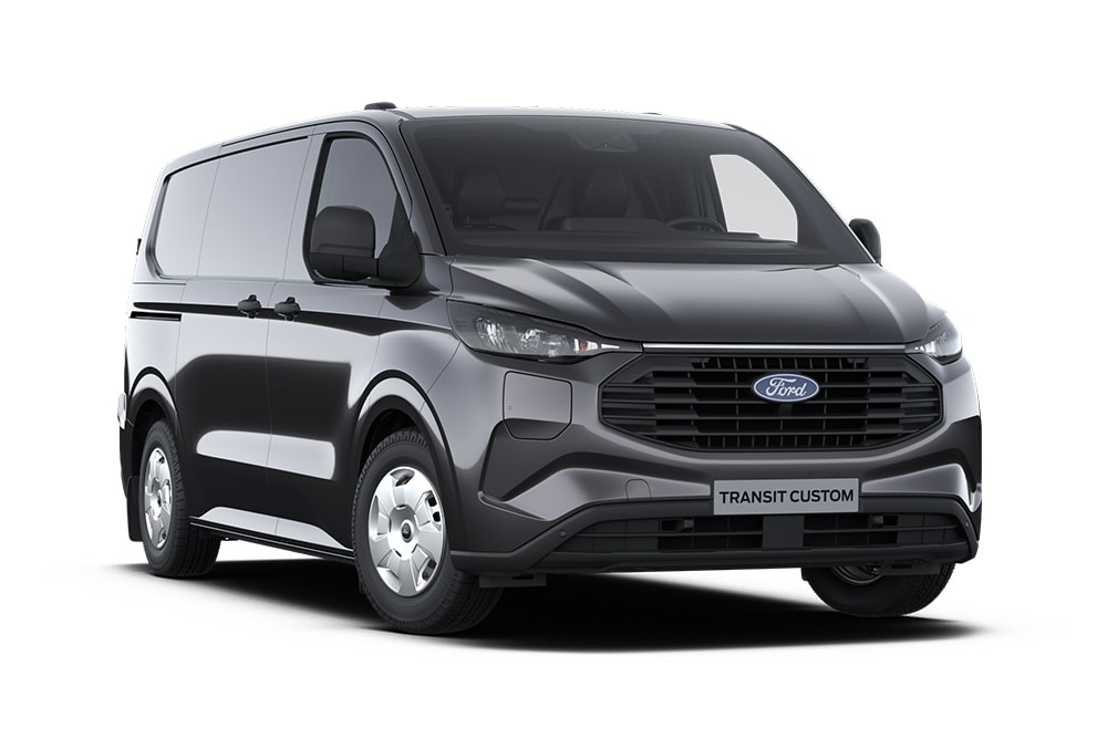 Donkergrijze Trend Ford Transit Custom bestelwagen, vooraanzicht.