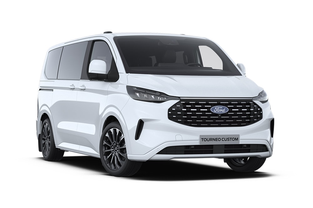 Hoek linksvoor van een witte Ford Tourneo Custom Titanium X.