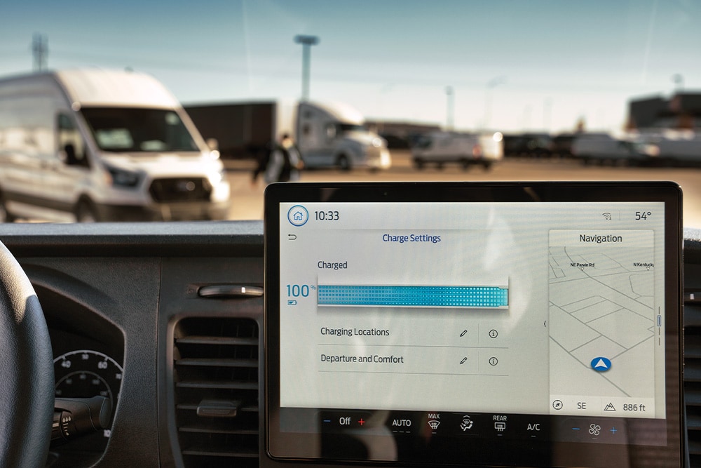 Ford Transit Custom-dashboard met oplaadinformatie.