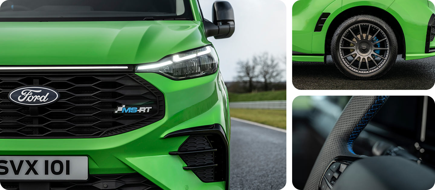 Vooraanzicht van een groene Ford Transit Custom MS-RT.