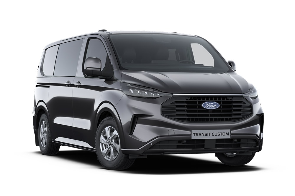 Donkergrijze Limited Ford Transit Custom bestelwagen, vooraanzicht.