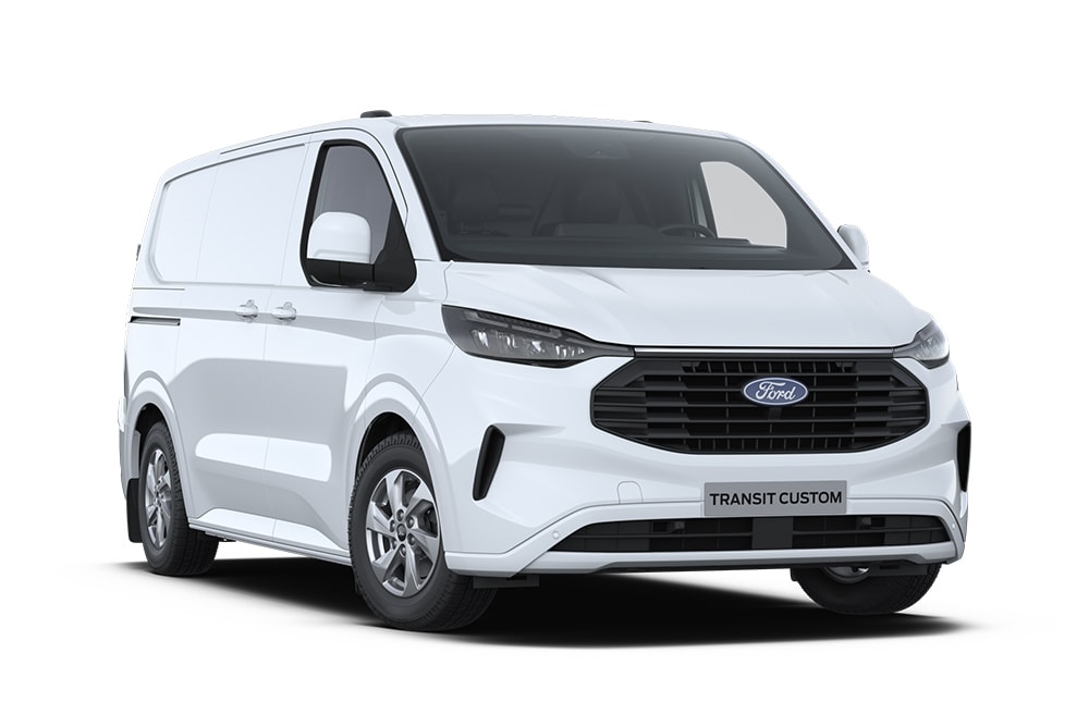 Een witte Ford Transit Custom bestelwagen.