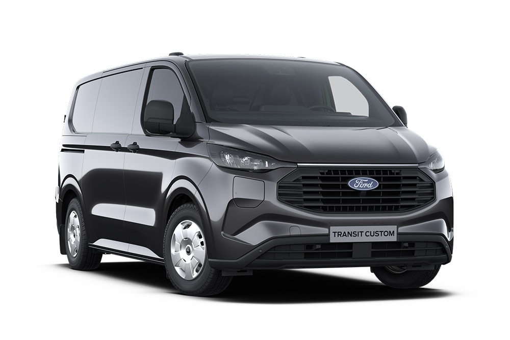 Donkergrijze Trend Ford Transit Custom bestelwagen, vooraanzicht.