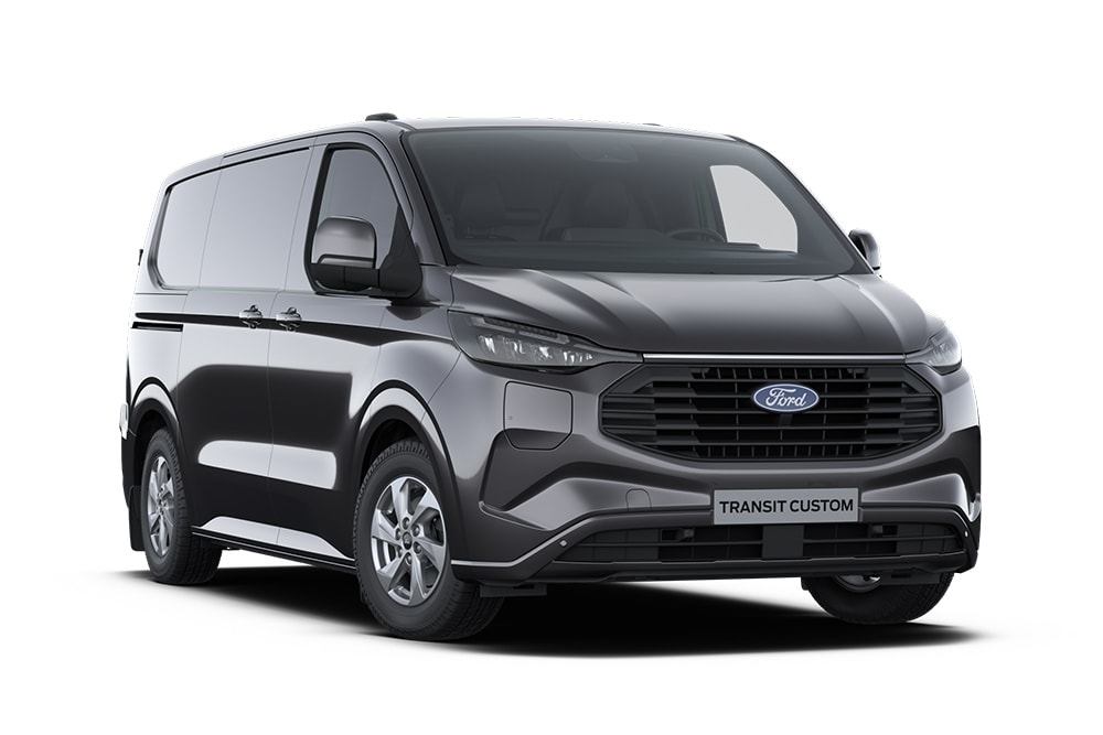Donkergrijze Limited Ford Transit Custom bestelwagen, vooraanzicht.