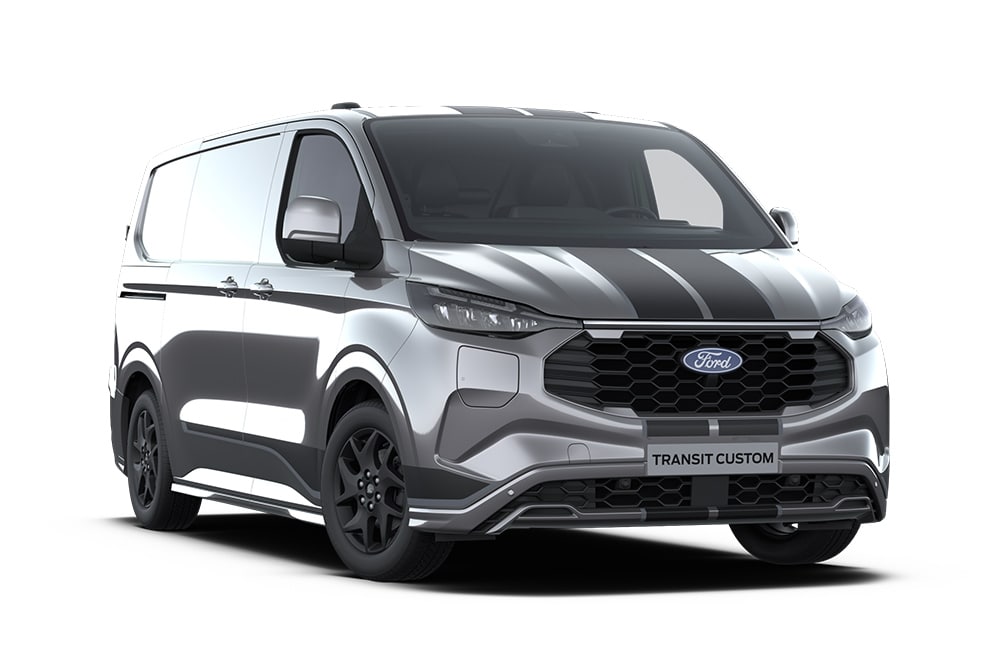 Donkergrijze Sport Ford Transit Custom bestelwagen met blauwe accenten.