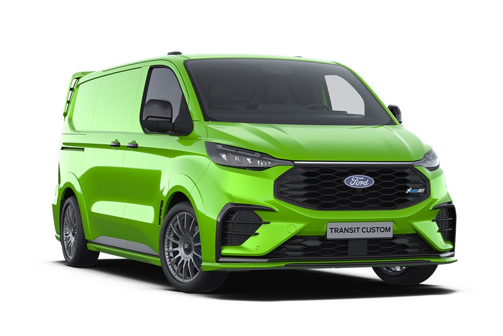 Groene MS-RT Ford Transit Custom bestelwagen. 