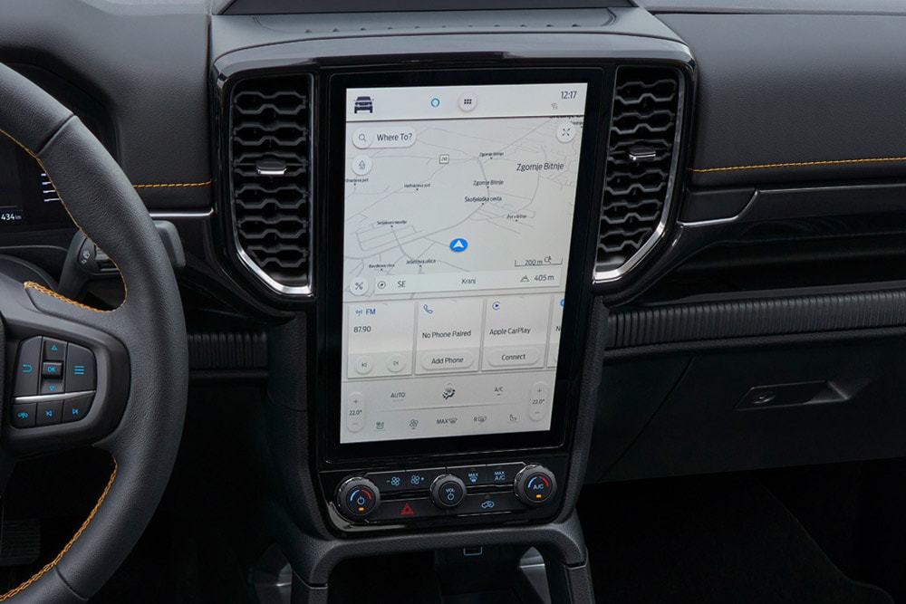Close-up van het 12" centrale touchscreen van het SYNC™ 4-systeem van de Ford Ranger.