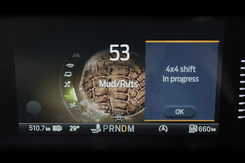 Close-up van het digitale dashboarddisplay met offroad-instellingen en voertuiginformatie in de Ford Ranger.