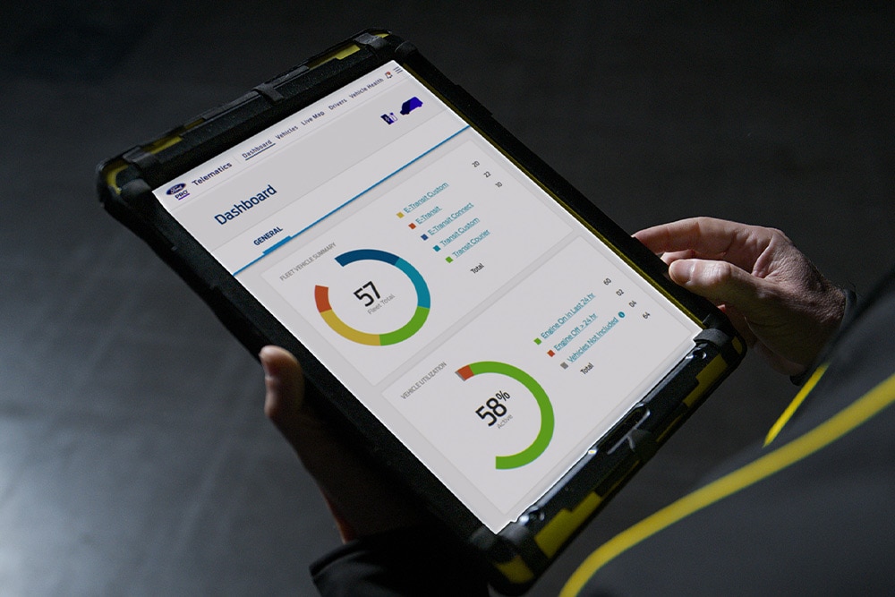 Handen met een tablet met het Ford app Pro-dashboard met voertuigprestatiegegevens.