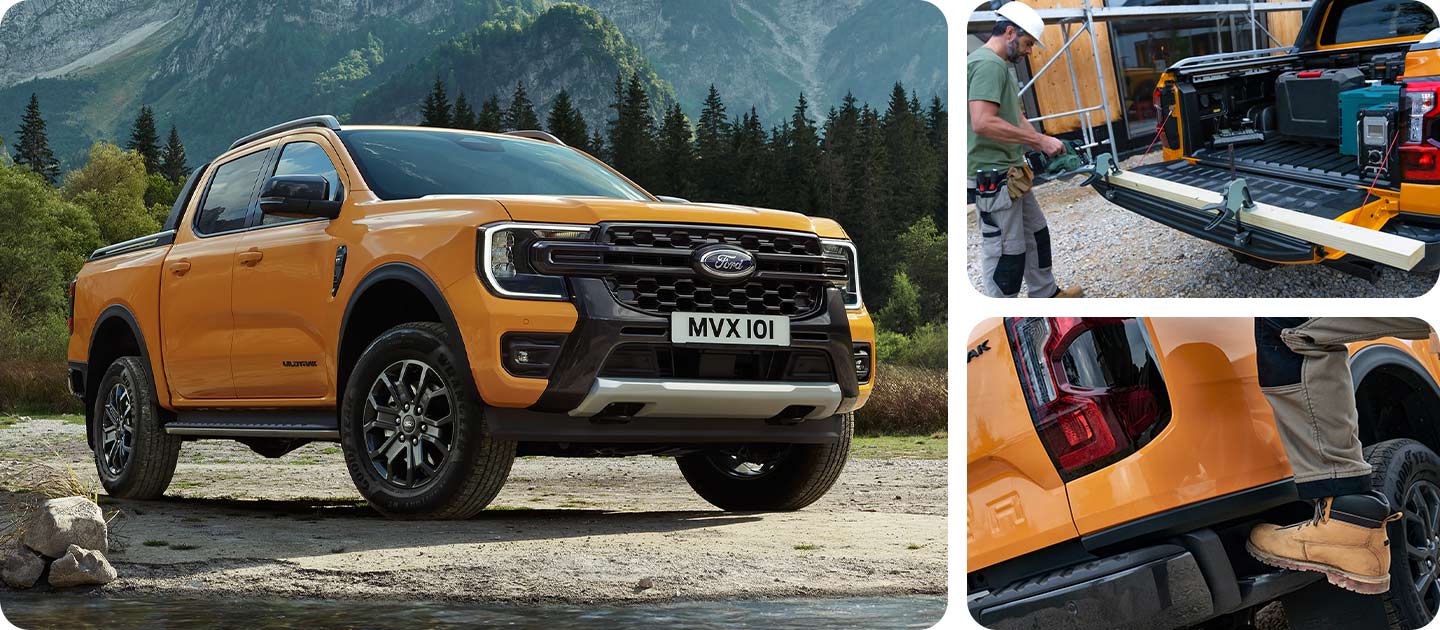 Een gele Ford Ranger Wildtrak op rotsachtig terrein met een bergachtige achtergrond.