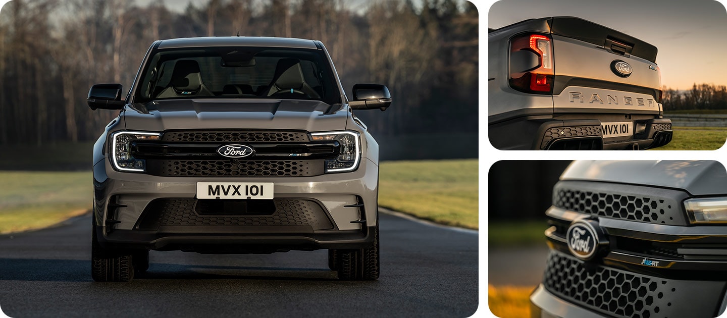 Vooraanzicht van Ford Ranger MS-RT met zijn opvallende grille.