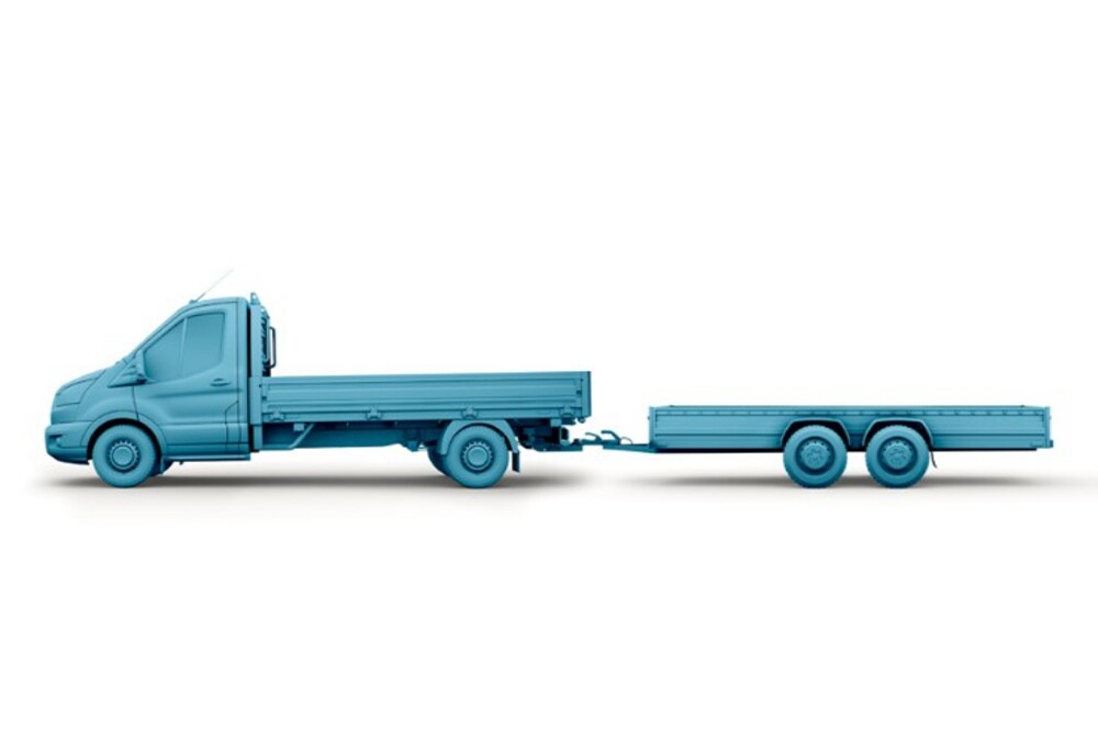 Blauwe schets van een Ford Transit Chassis Cab met aanhanger. 