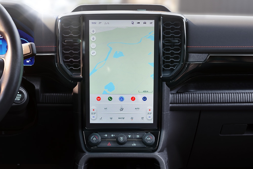 Close-up van het 12" centrale touchscreen van het SYNC™ 4-systeem van de Ford Ranger.
