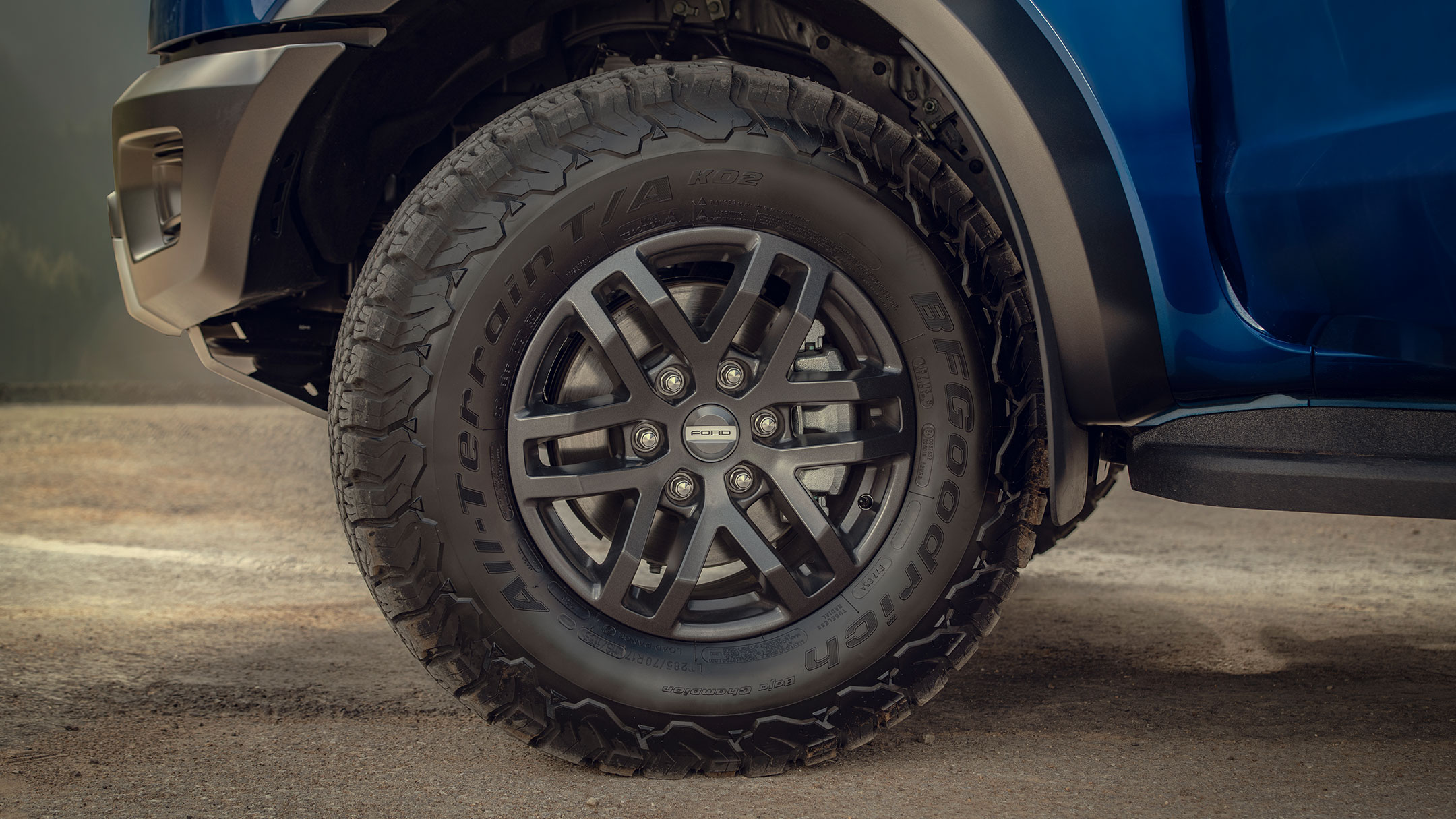 Blue Ford Ranger Raptor tyres and alloys