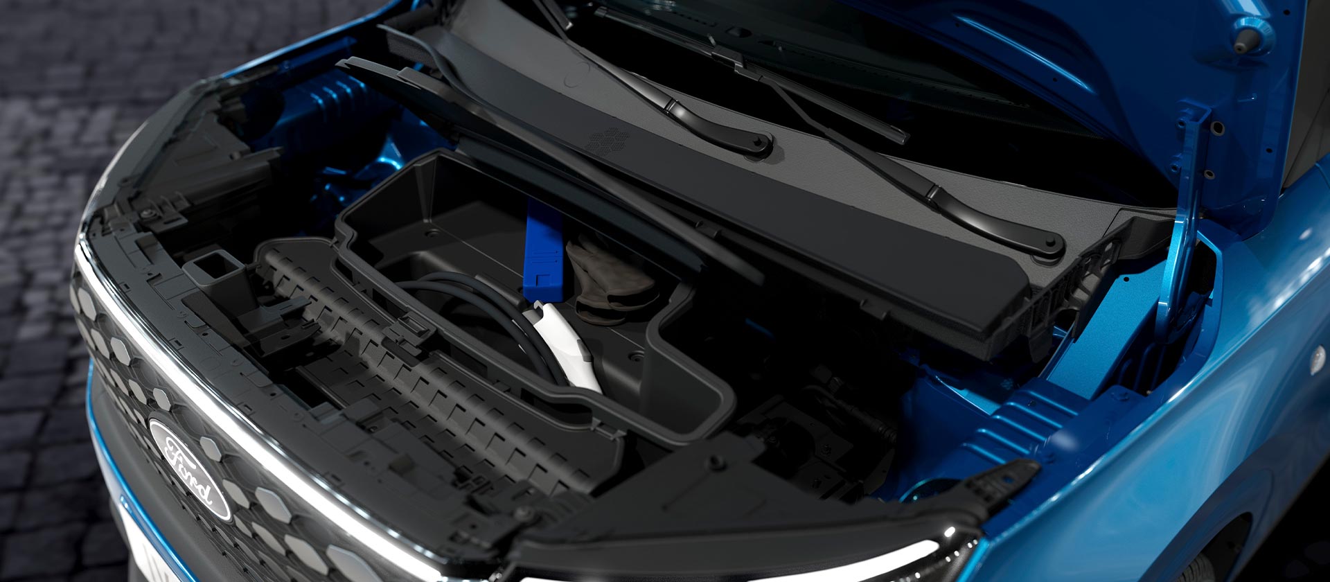 Detail van de voorste kofferbak van de Ford E Transit Courier