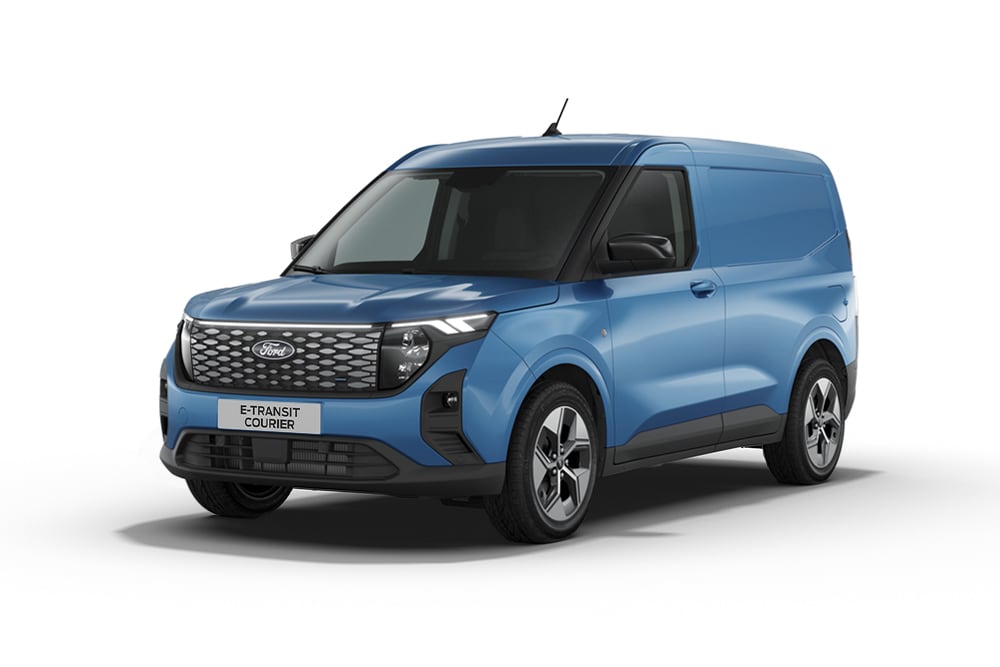 Blauwe Ford E-Transit Courier