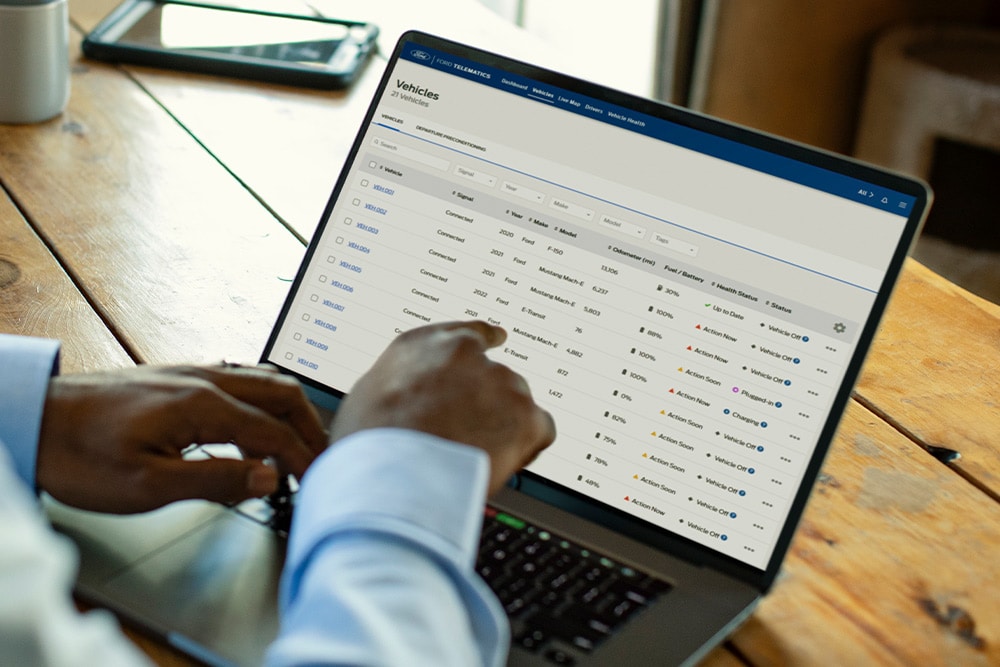 Ford Pro wagenparkbeheerder bekijkt voertuiggegevens op zijn laptop.