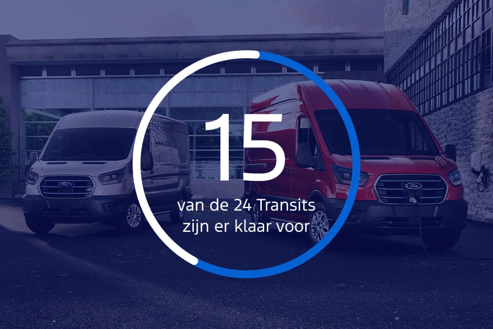 Een afbeelding met 15 van de 24 Transits die klaar zijn voor elektrificatie.