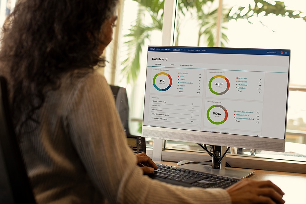 Vrouw bekijkt haar Ford Telematics dashboardgegevens op haar desktopcomputer.